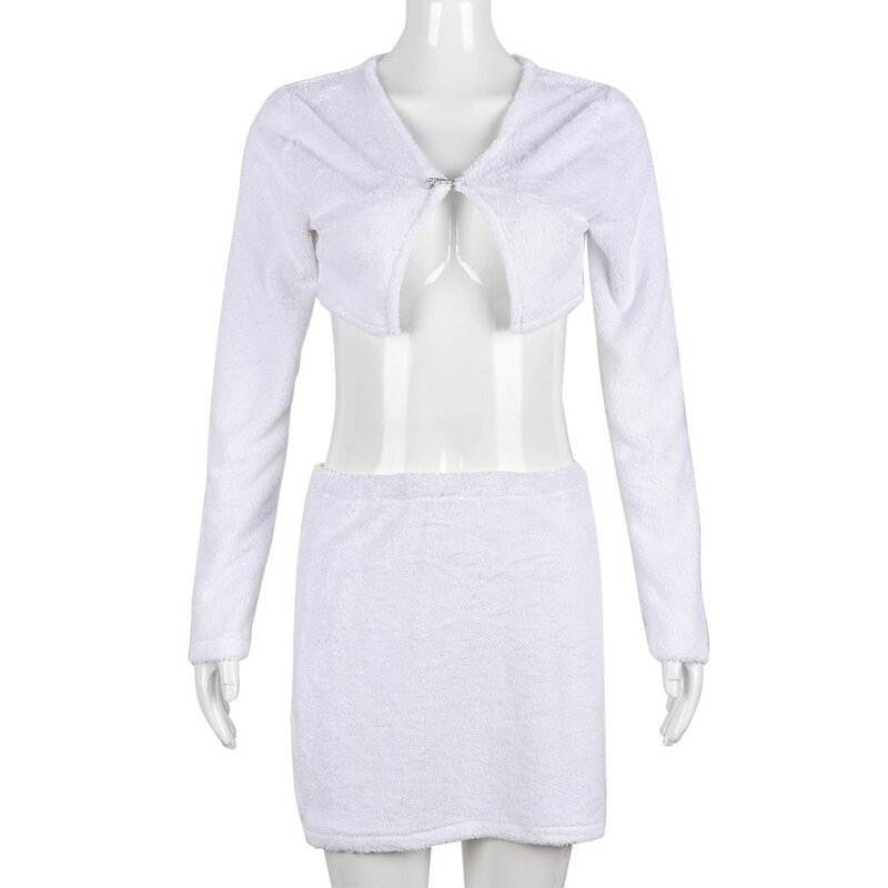 Wishyear – ensemble 2 pièces en molleton blanc pour femme, haut court à manches longues et Mini jupe, tenue de Club Sexy, automne 2022