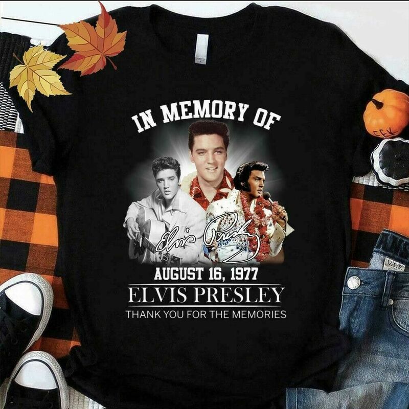 Elvis Presley In Memory Of 8 월 16 일 1977 시그니처 블랙 남성 올 사이즈 티셔츠