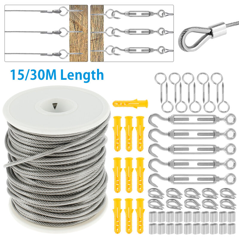 Kit de barandilla de Cable de cuadro, 15M/30M, tornillo de ojo de tornillo de alta resistencia, tensor de alambre, colador, Cable recubierto
