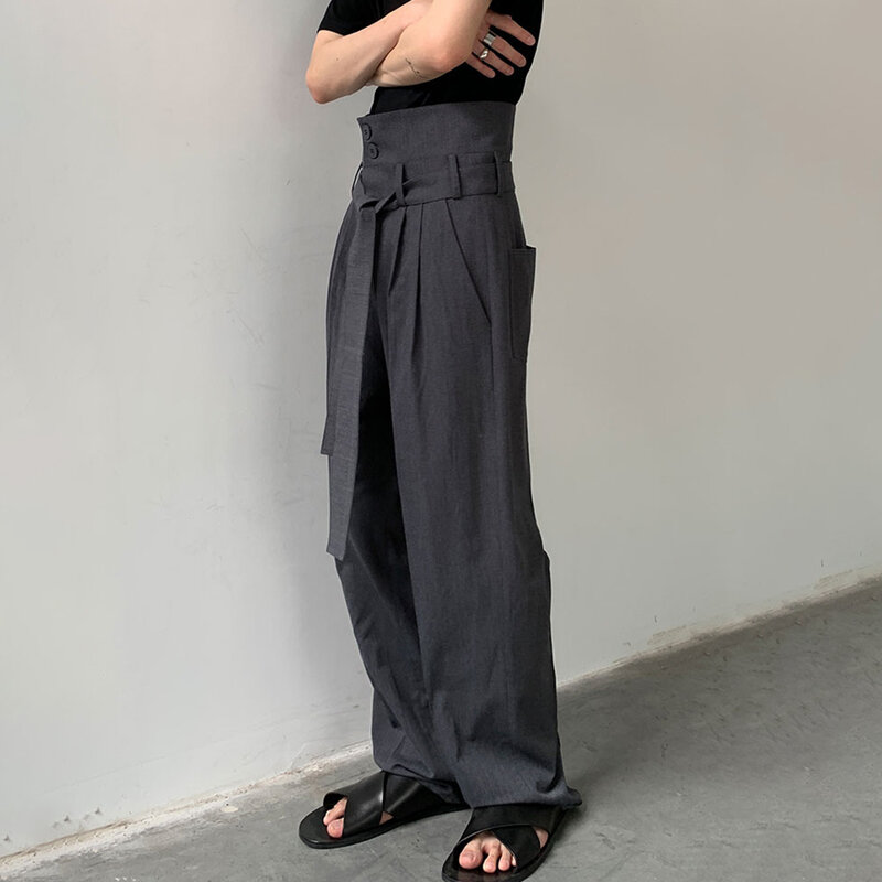 สไตล์เกาหลีผู้ชายเข็มขัด Casual กางเกง Streetwear Sild Staight กางเกงริบบิ้น Retro Vintage Harajuku ชุดกางเกง