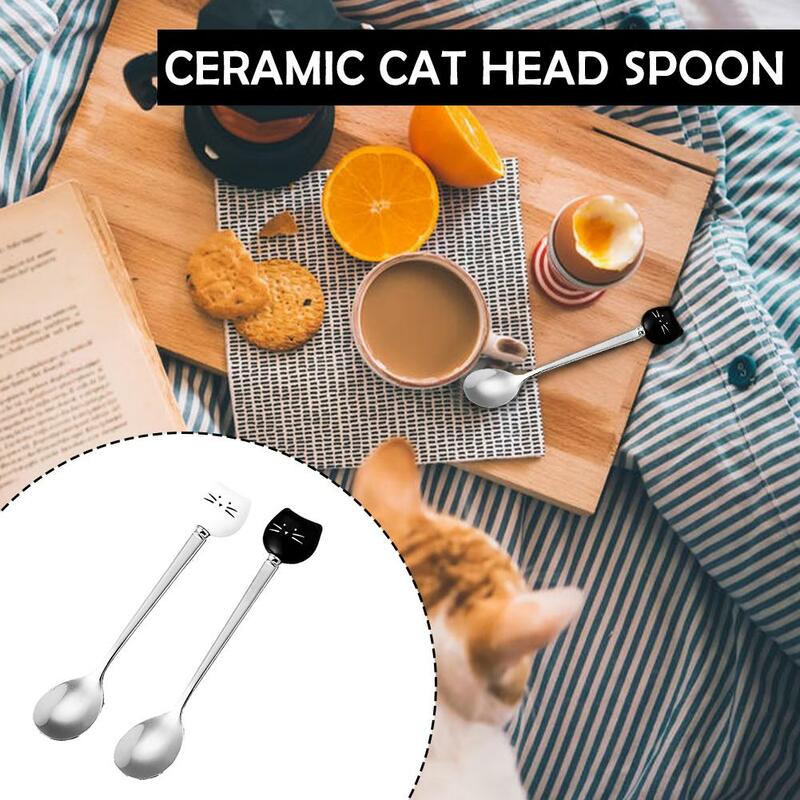 2023 креативная ложка с кошачьей головкой из нержавеющей стали, с керамической ручкой, совок для фруктов, мороженого, простой совок для супа, к...