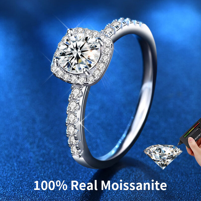 Bagues de luxe en Moissanite 100%, 1 Carat de diamant, en argent Sterling 925, pour femmes et filles, brillantes, boîte-cadeau de fiançailles