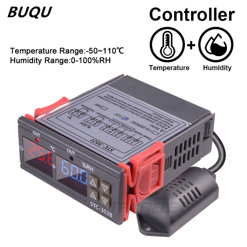 Buqu duplo termostato digital temperatura controle de umidade STC-3028 termômetro higrômetro controlador ac 110v 220v dc 12v 24v 10a