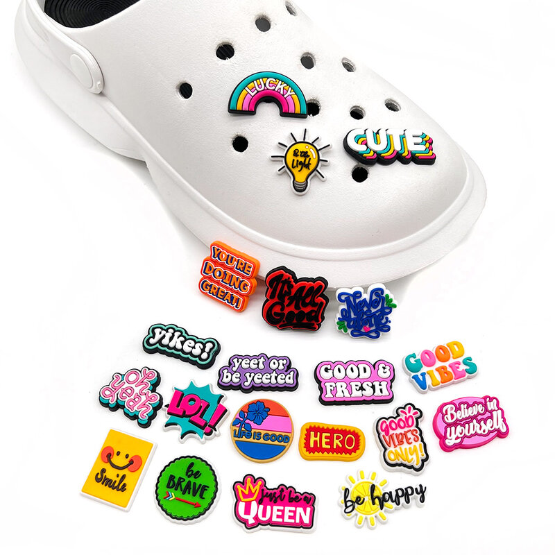 3-40Pcs JIBZ frasa huruf sepatu aksesoris sandal gesper dekorasi yang baik Vibes lucu untuk taman PVC Croc Charms hadiah anak-anak