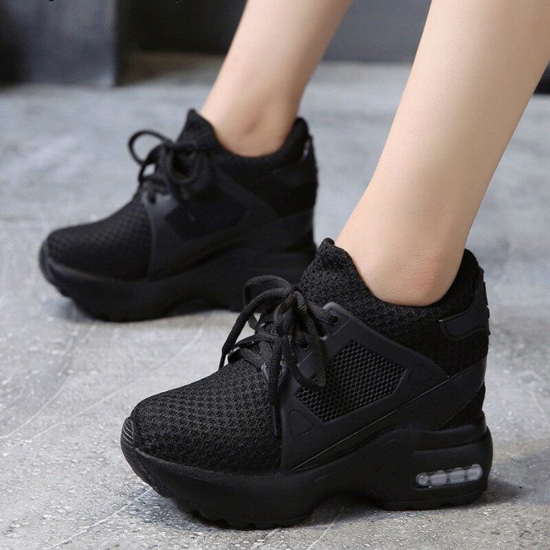 여성 플랫폼 웨지힐 캐주얼 신발 통기성 메쉬 하이힐 가을 캐주얼 신발 높이 증가 여성 야외 신발