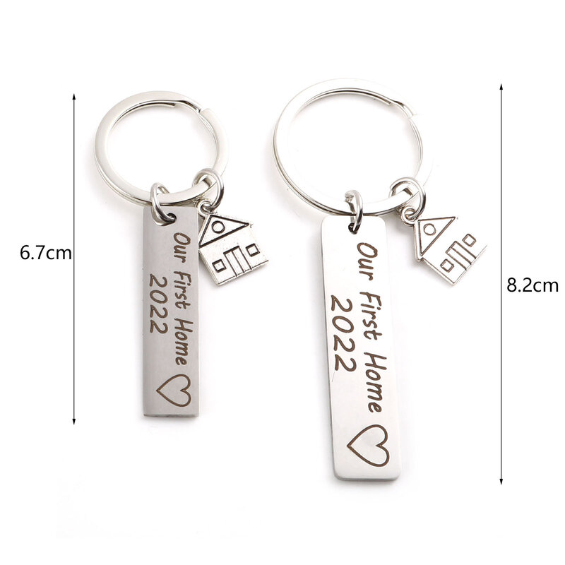 Stainless Steel Year Keychain Rectangle Silver Color Metal House Message " Our First Home 2022 " Keyring Women Men Jewelry,1PC