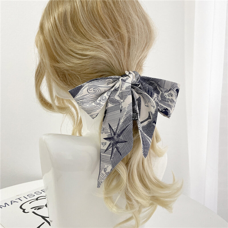 Popular carta de impressão lenço longo para as mulheres faixa de fita estreita bandana laço de cabelo acessórios