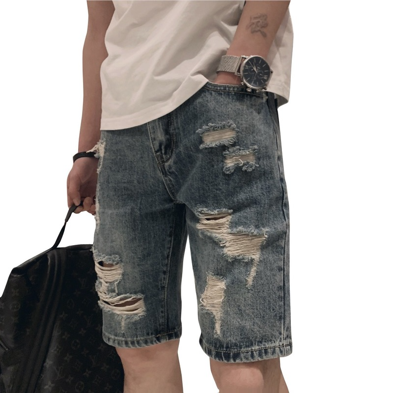 Calças de brim masculinas shorts verão cor sólida buraco solto calças de brim curtas botão meados da cintura denim shorts retos streetwear jeans vintage