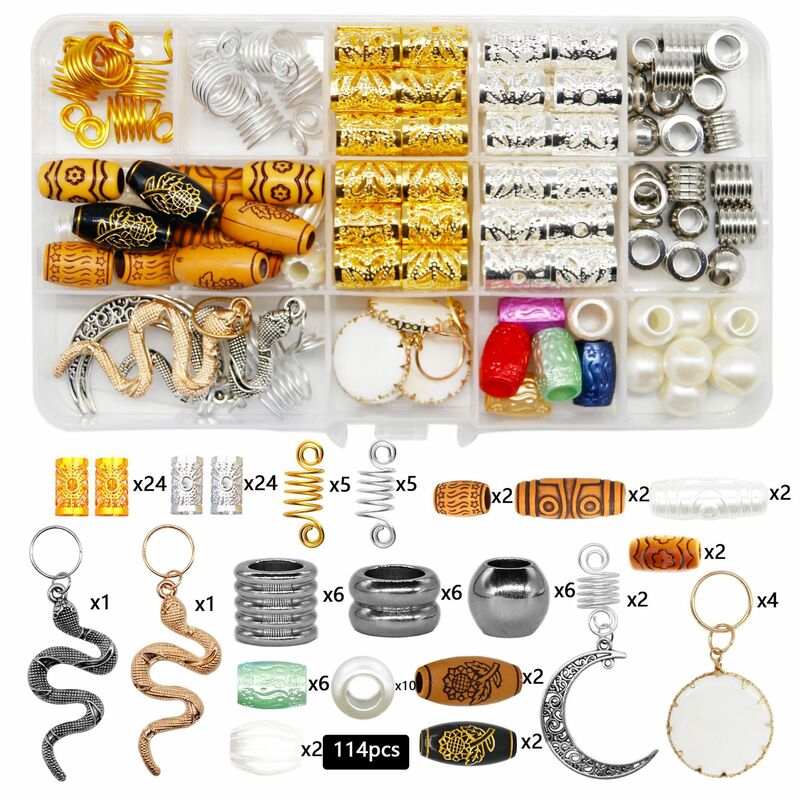 114pcs/Box Metal African Hair Rings Beads Cuffs Tubes Charms Dreadlock Dread Hair Braids Jewelry Decoration Accessories