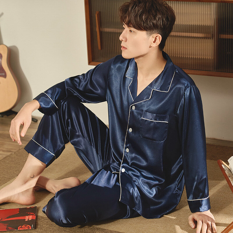 Puimentiua dos homens mancha de seda pijamas conjuntos estilo moderno de seda camisola casa masculina cetim macio acolhedor dormir sleepwear