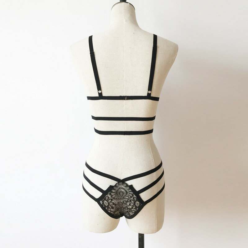 에로틱 여성 코르셋 레이스 붕대 란제리 투명 탑 브래지어 + g-문자열 끈 속옷 세트, 우아한 속옷, 잠옷