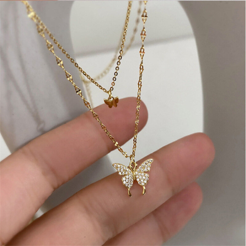 2022 New Women's Double Diamond Butterfly Necklace Clavicle Chain Simple Pendant necklaces for women wholesale