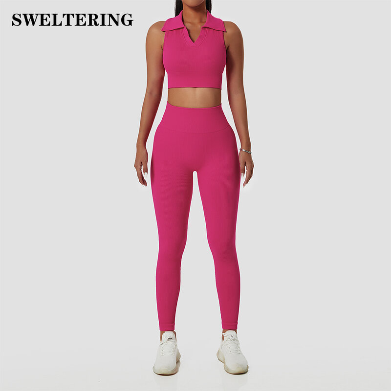 Women's Yoga Set 2PCS High Waist Leggings Sports Vest Lapel Seamless Sportswear Gym Workout Clothes Fitness Running Sports Suits