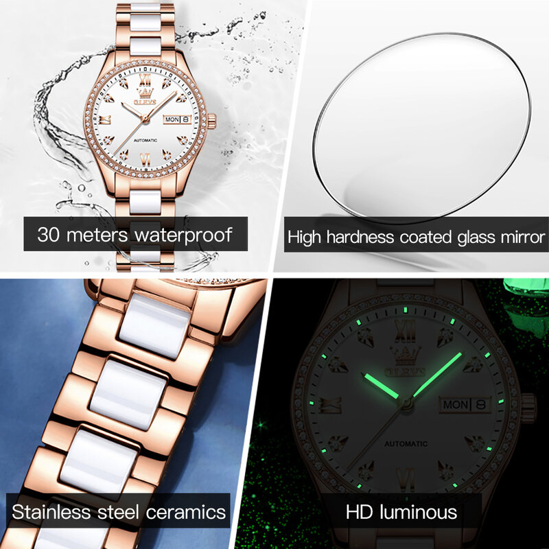 OLEVS Wasserdicht Mode Frauen Armbanduhren Voll-automatische Hohe Qualität Automatische Mechanische Keramik Armband Uhr für Frauen