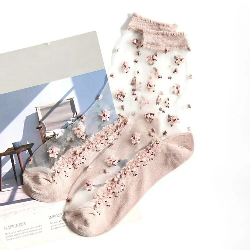 Calcetines cortos transpirables y ultrafinos para mujer, medias elásticas de seda con encaje transparente, cristales, rosas y flores, 1 par