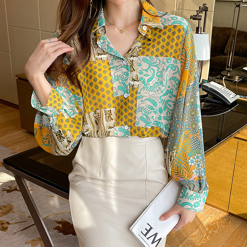 Top elegante de primavera para Mujer, camisa de manga larga con estampado Floral, blusa holgada de gasa, envío directo, 2022