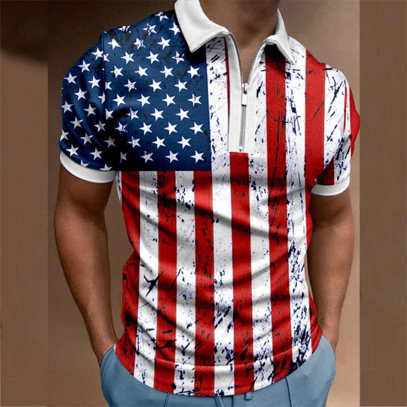 Verão de manga curta bandeira americana Digital impresso homens de manga curta Zipper POLO camisa