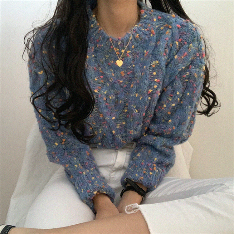 Suéter de punto grueso para mujer, jersey de manga larga con cuello redondo, de punto, informal, Color caramelo de contraste, 71FP, novedad