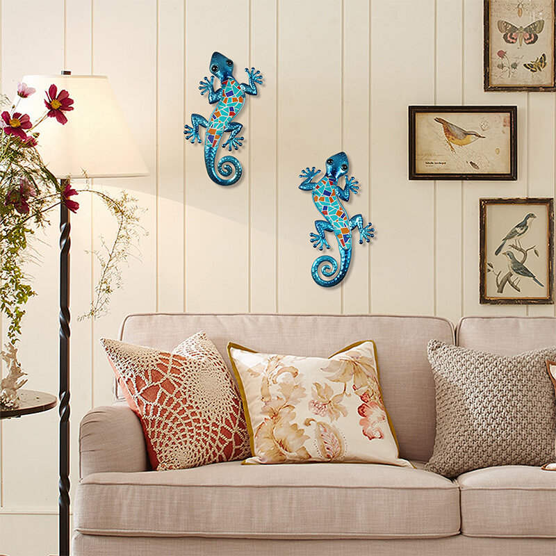 Gecko-mosaico azul para decoración del hogar, escultura, estatua, colgante bonito, para sala de estar, dormitorio y oficina, 2 piezas