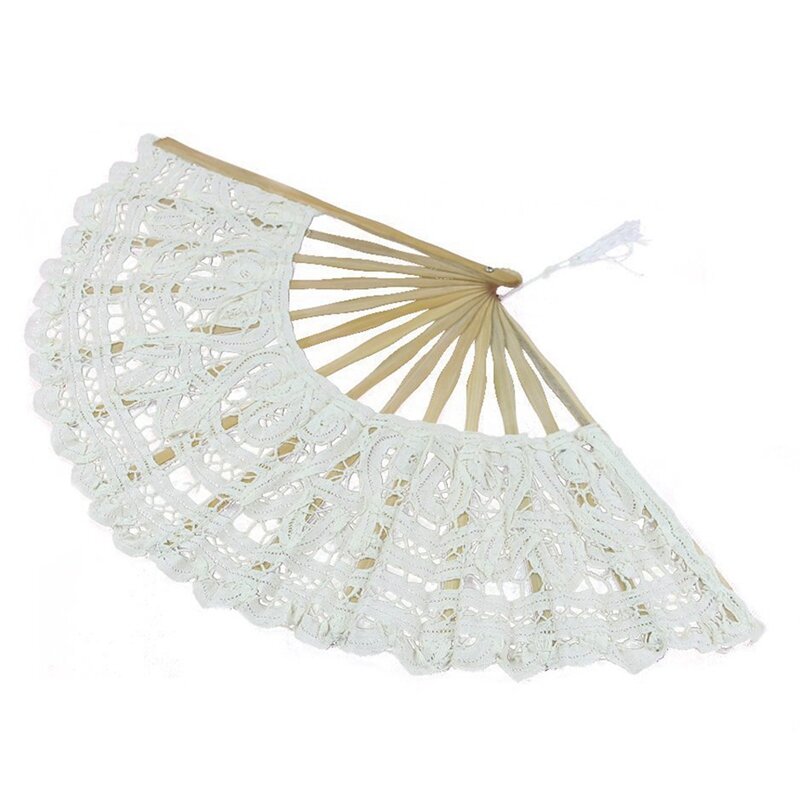 Abanico de mano plegable de encaje de algodón hecho a mano para decoración de boda nupcial de Fiesta (blanco), 2 uds.