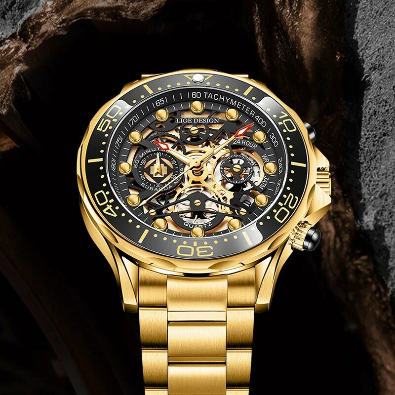 Lige relógios masculinos marca superior luxo oco data esporte relógio de ouro para homens moda pulseira de couro à prova dwaterproof água quartzo wristrelogio