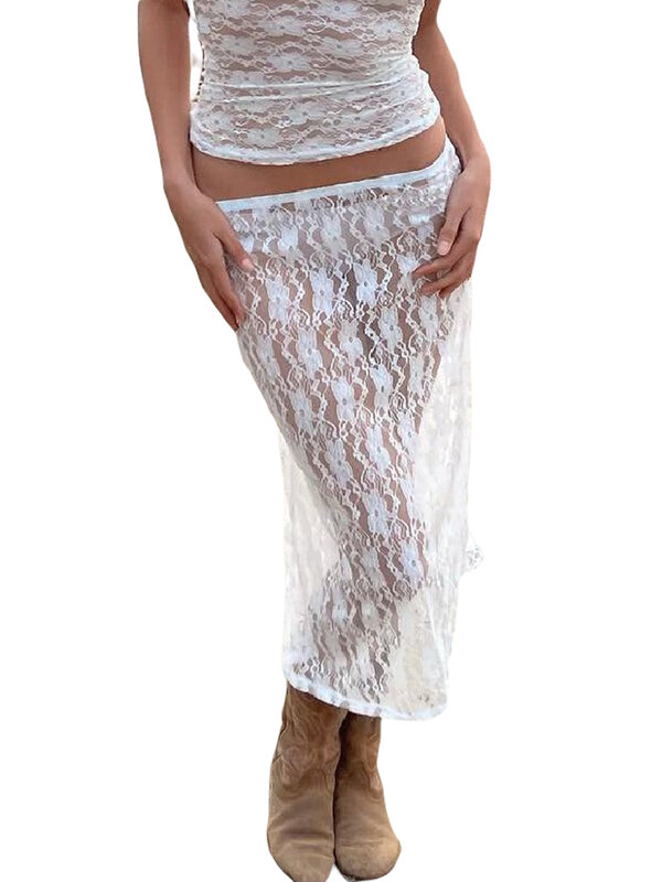 Women See Through Half Dress Summer Spring Street Casual Party Floral Lace White Skirt
