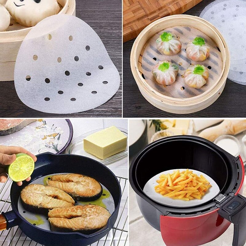 300 Pcs Air Fryer Liners 7.5 Inch Round Bamboo Steamer Liners Perforated Silicone Oil Paper Sheets Non-Stick Basket Mat