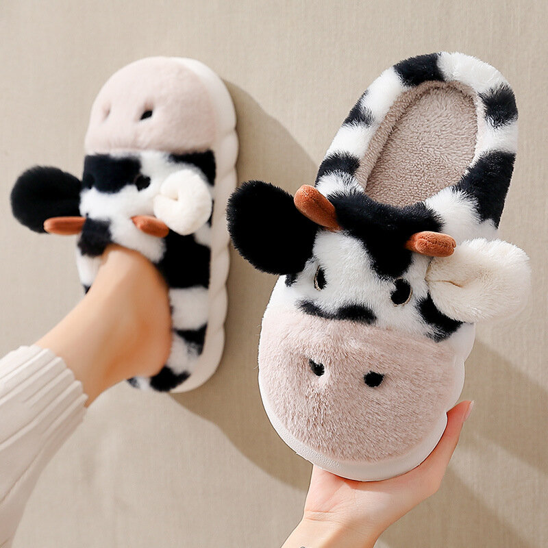 Comwarm Cute Animal Slipper For Women Girls Kawaii Fluffy Winter Warm Slippers Woman Cartoon Milk Cow House Slippers Funny Shoes