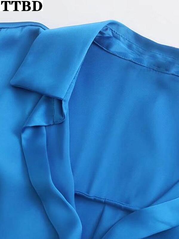 TTBD Blusas Elegantes De Mujer 2021 Mode Pakaian Kantor Longgar Kemeja Satin Dasar Antik Blus Wanita Kancing-Up Lengan Panjang
