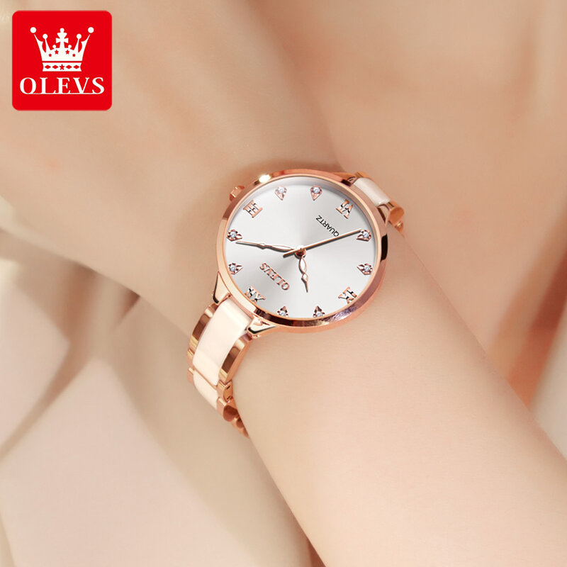 OLEVS Stainless Steel Strap Fashion Watch for Women Waterproof Quartz Ceramics High Quality Women Wristwatches