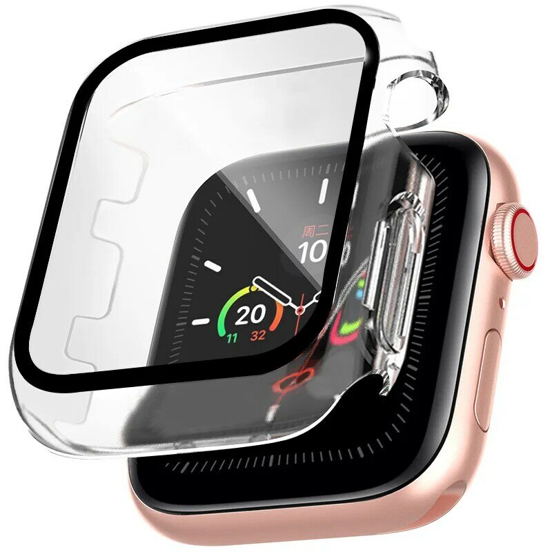 Przezroczysty futerał + szkło do zegarka Apple Series Se 65432 38MM 42MM 40MM 44MM inteligentny IWatch przezroczysty pełny ekran Protector pokrywa zderzak