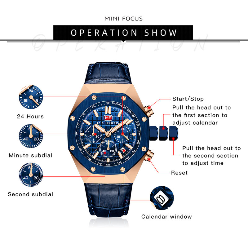Mini foco azul relógio de quartzo para homem cronógrafo luminoso esporte relógios moda pulseira de couro genuíno calendário relogio masculino