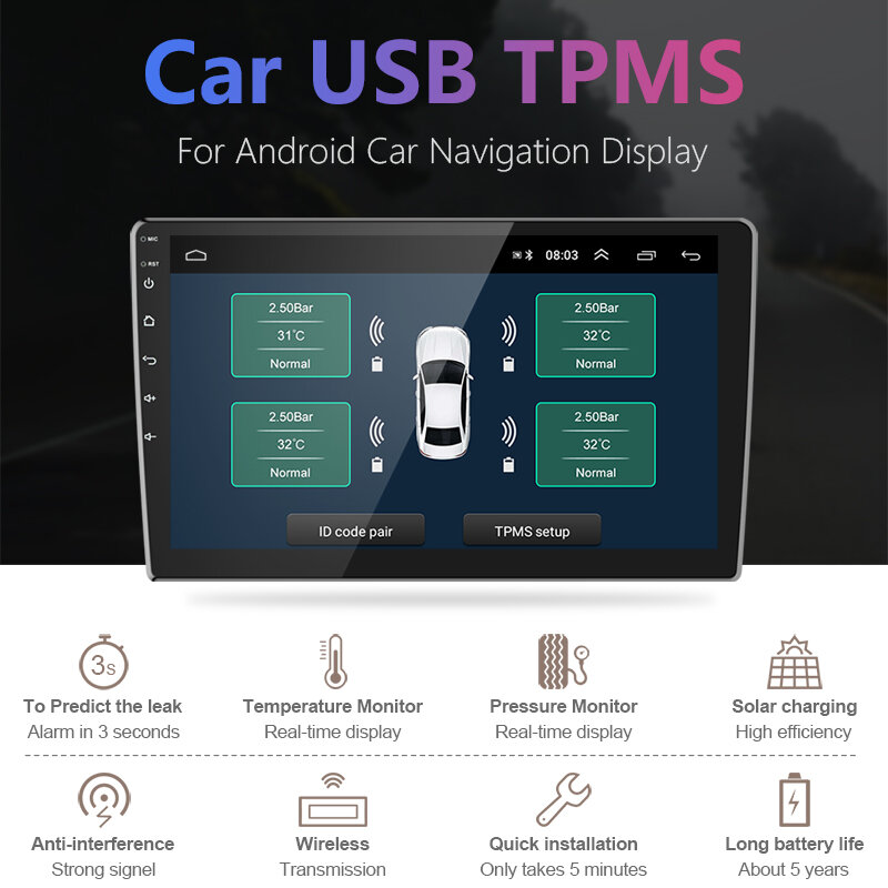 Система контроля давления в шинах TPMS с USB, Android, дисплей, система сигнализации, 5 В, внутренние датчики для автомобилей, навигации, автомобильное радио, 4 датчика
