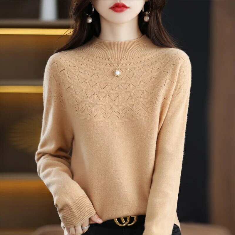Hollow Seamless Wool Sweater Women's% 100 Pure Wool Spring And Autumn New Long-Sleeved Semi-High Collar Loose Pullover Bottoming