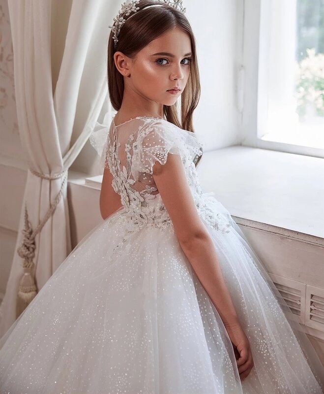 Gaun Bunga Anak Perempuan Glitter Tulle Applique Tanpa Lengan Anak-anak untuk Gaun Pesta Pernikahan Gaun Komuni Pertama