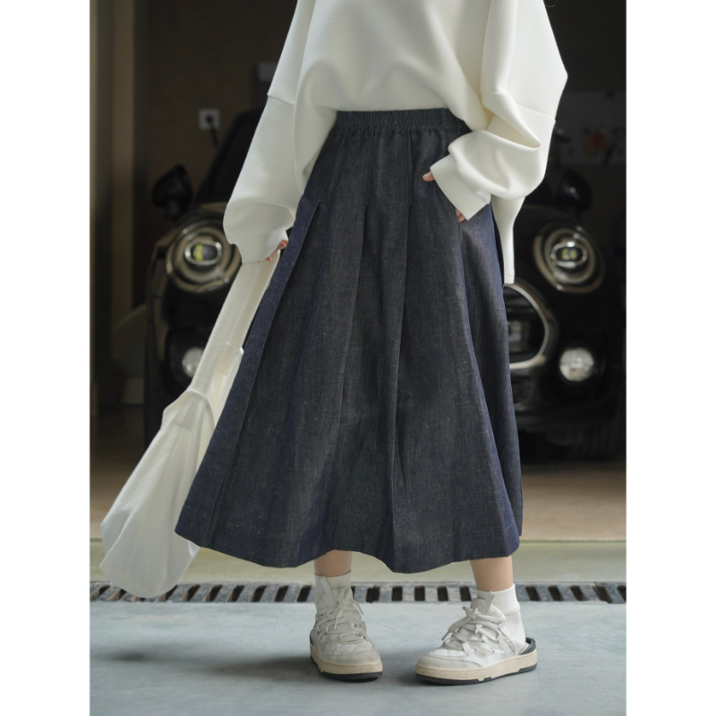 Осенняя джинсовая цветная льняная текстурная юбка, женские повседневные трапециевидные юбки в стиле ретро, Корейская версия, облегающая женская синяя одежда с высокой талией