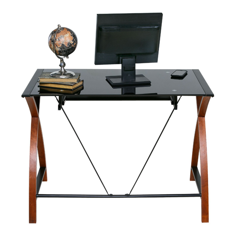 Bureau d'ordinateur en bois et verre avec plateau de clavier extractible, Table d'étude sur pied