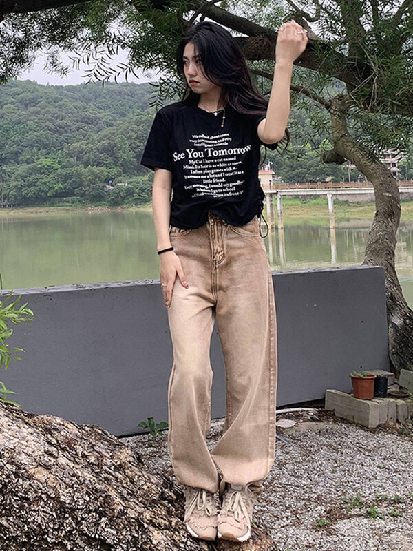 Proste luźne damskie jeansy moda Streetwear Y2k casualowe kieszenie sprane dżinsy spodnie koreańska Retro Harajuku hip-hopowe spodnie dżinsowe