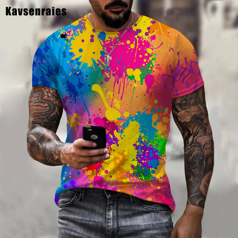 2022 하이 스트리트 하라주쿠 다채로운 탑 레인보우 페인트 튄 3D 인쇄 티셔츠 반팔 여름 남성 여성 Hipster T 셔츠