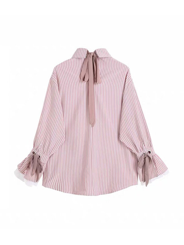 Camiseta de manga larga para mujer, ropa de encaje a rayas, moda coreana, Polo suelto con lazo rosa dulce, informal, combina con todo