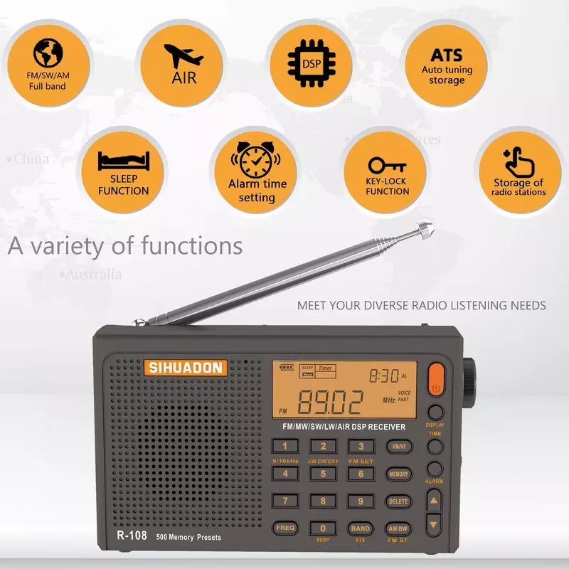 R-108 rádio fm estéreo digital portátil rádio am sw ar receptor de rádio função alarme display relógio alto-falante temperatura