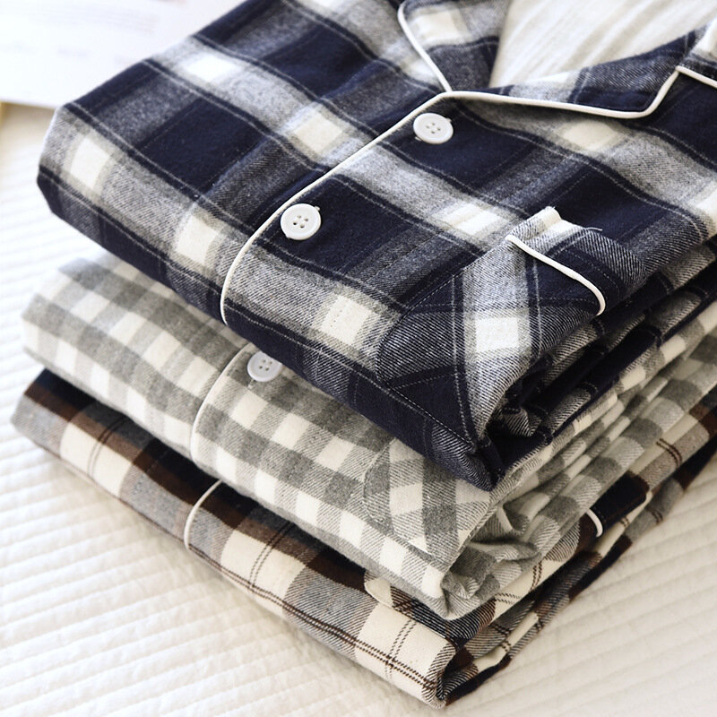 Conjunto de pijama a cuadros para hombre, ropa de dormir de algodón puro, pantalones de franela, traje fino de manga larga para el hogar, primavera y otoño