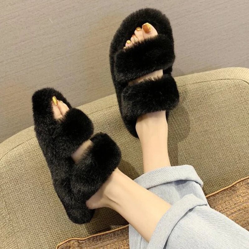 Zapatillas de casa peludas para mujer, zapatos planos de piel sintética cálidos y cómodos a la moda, de felpa negra, invierno, 2021