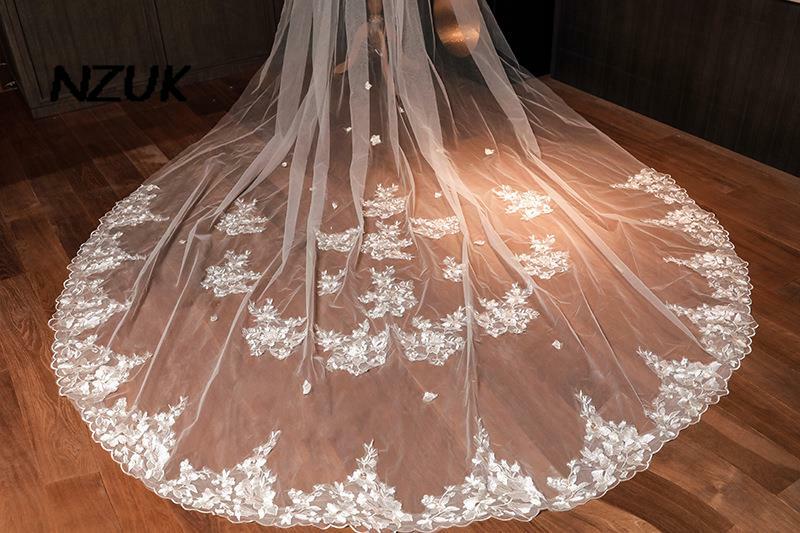 Фата свадебная NZUK с кружевной аппликацией, элегантная длинная, тюль для невесты, вечерняя, 2022