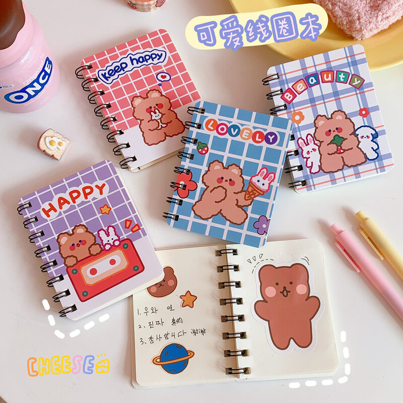Cuaderno portátil de dibujos animados para estudiantes, Mini diario con bobina de conejo, oso de viento, dibujos animados, estilo coreano