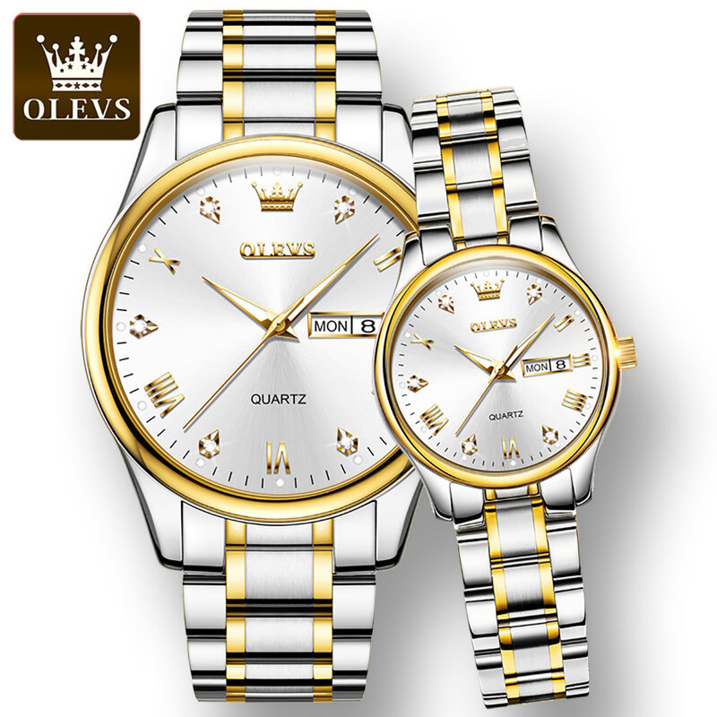 Olevs Mode Roestvrij Stalen Band Horloge Voor Paar Waterdichte Quartz Golden Diamond Bezette Paar Horloges Lichtgevende