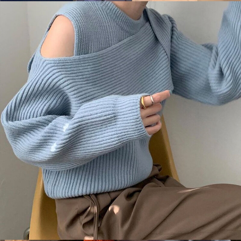 한국 패션 니트 스웨터 라운드 넥 불규칙한 패치 워크 긴 소매 캐주얼 여성용, 배기 패션 가을 의류