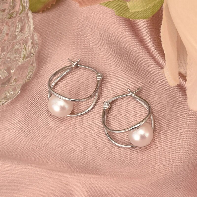 Wuziwen Solid 925 Sterling Silver New Trend Exquisite 8mm Freshwater Pearls Hoop Earrings Simple Party Jewelry For Women BE0899