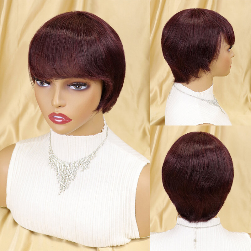 Peluca de cabello humano liso con flequillo para mujeres negras, pelo brasileño marrón Natural sin pegamento, color Pixie corto, barato