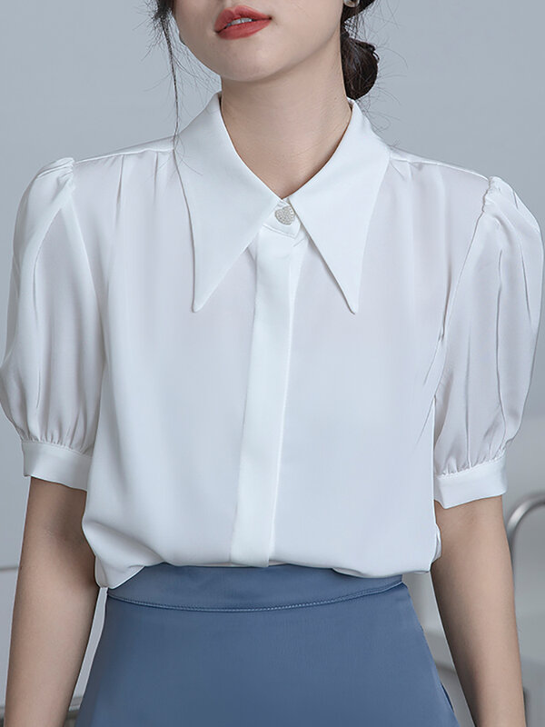 Camisa blanca elegante de manga larga para Mujer, blusa informal de gasa con doble botonadura y cuello Peter pan para otoño, 2021
